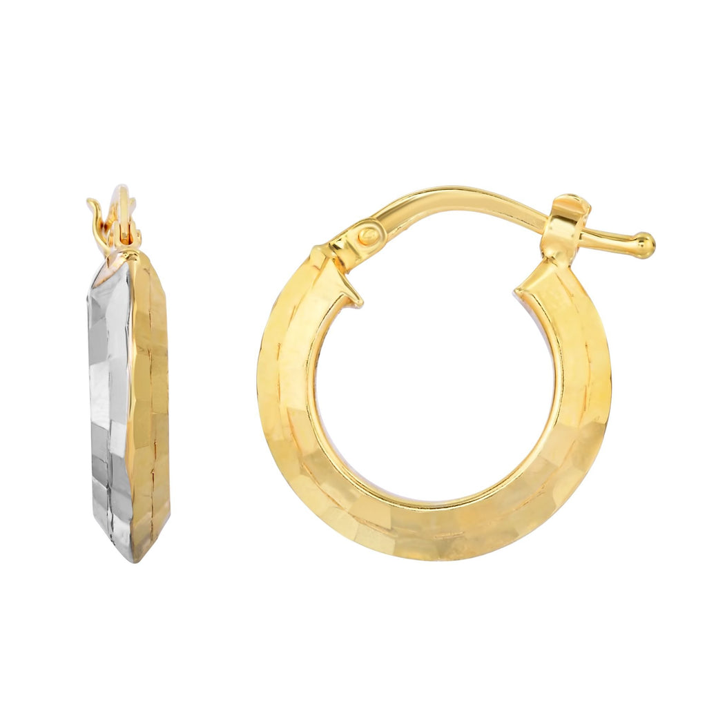 10k Two Tone Gold Shiny Diamond-Cut Fancy Round Tube Hoop Earrings - 2x12mm - JewelStop1