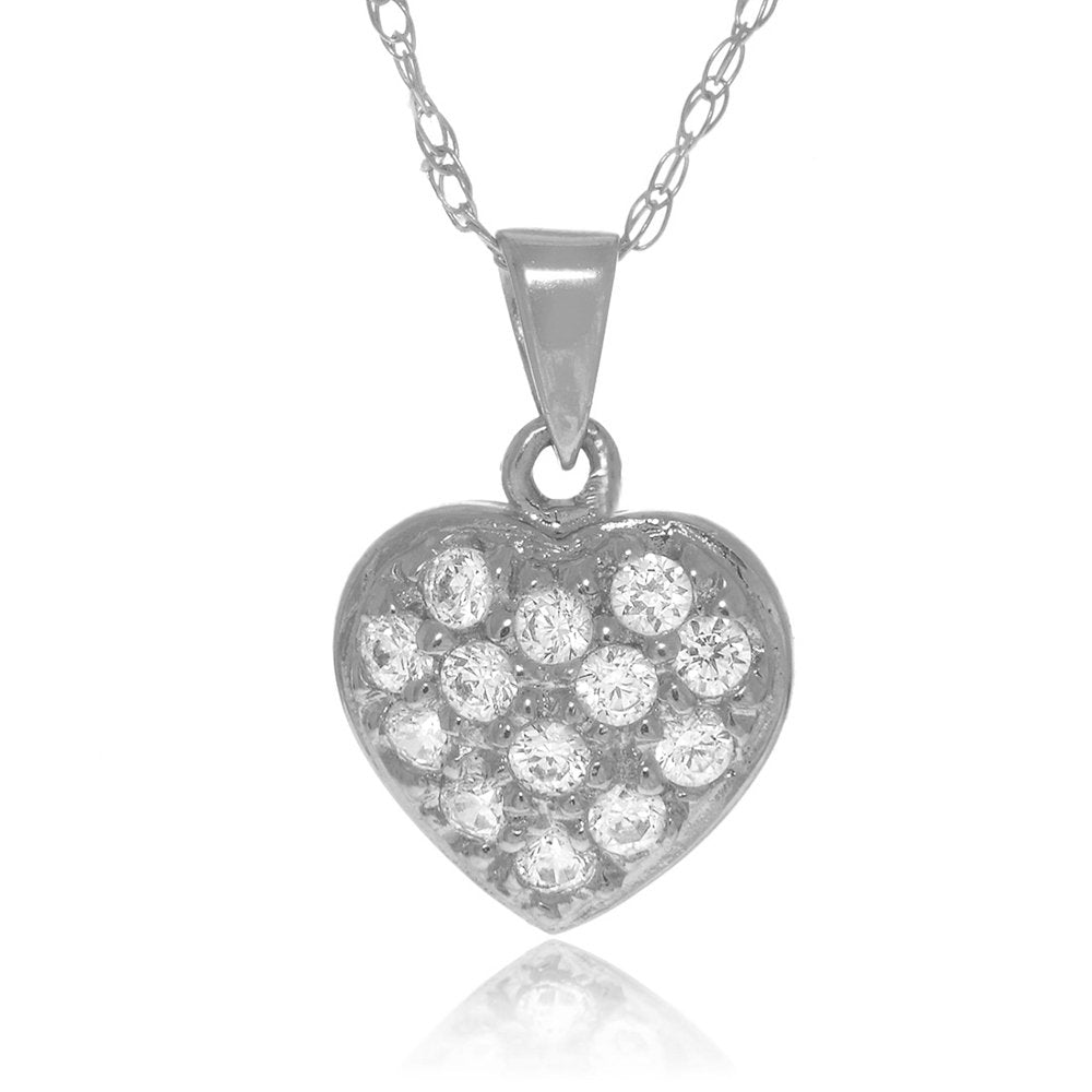 14k Solid White Gold Micro Pave Puff Heart Charm Pendant Necklace 18" - JewelStop1