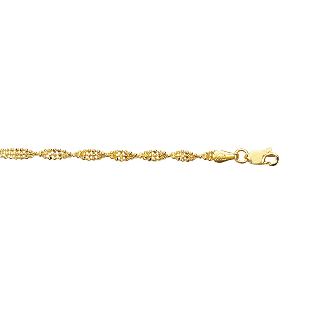 14K Yellow Gold Shiny Diamond-Cut Twisted Bead Fancy Bracelet, Lobster Clasp 7" - JewelStop1