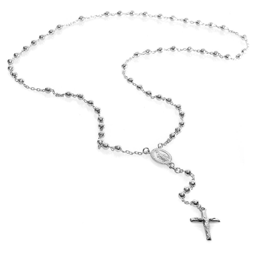 .925 Sterling Silver Rosary Rosario Bead Mary Cross Religious Necklace 4mm 26" - JewelStop1