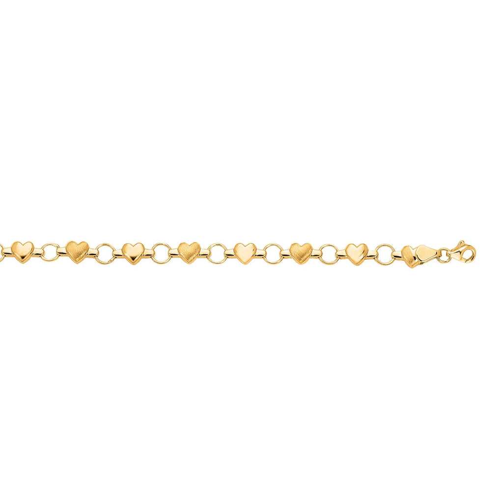 14K Yellow Gold Textured Shiny Heart Fancy Bracelet, Pear Shape Clasp 7" - JewelStop1