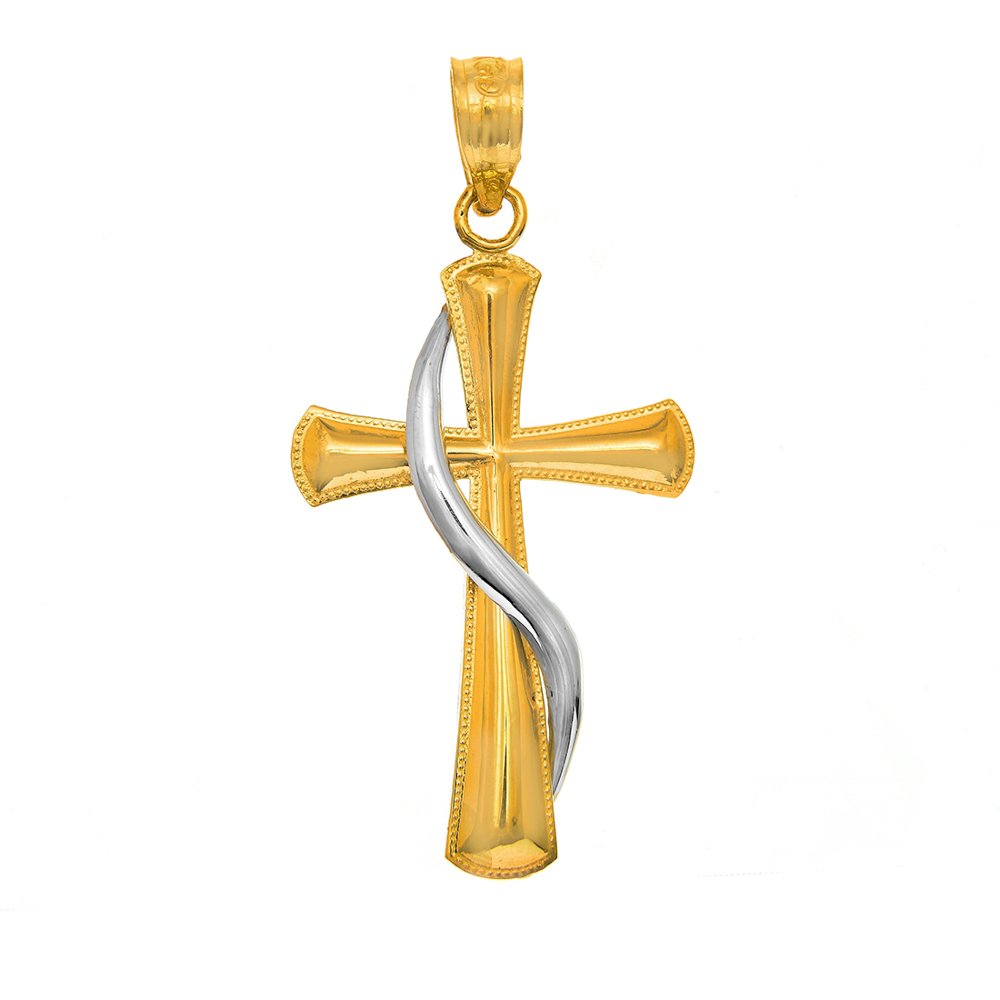 14K Solid Yellow Gold Cross Charm White Gold Shroud Pendant - JewelStop1