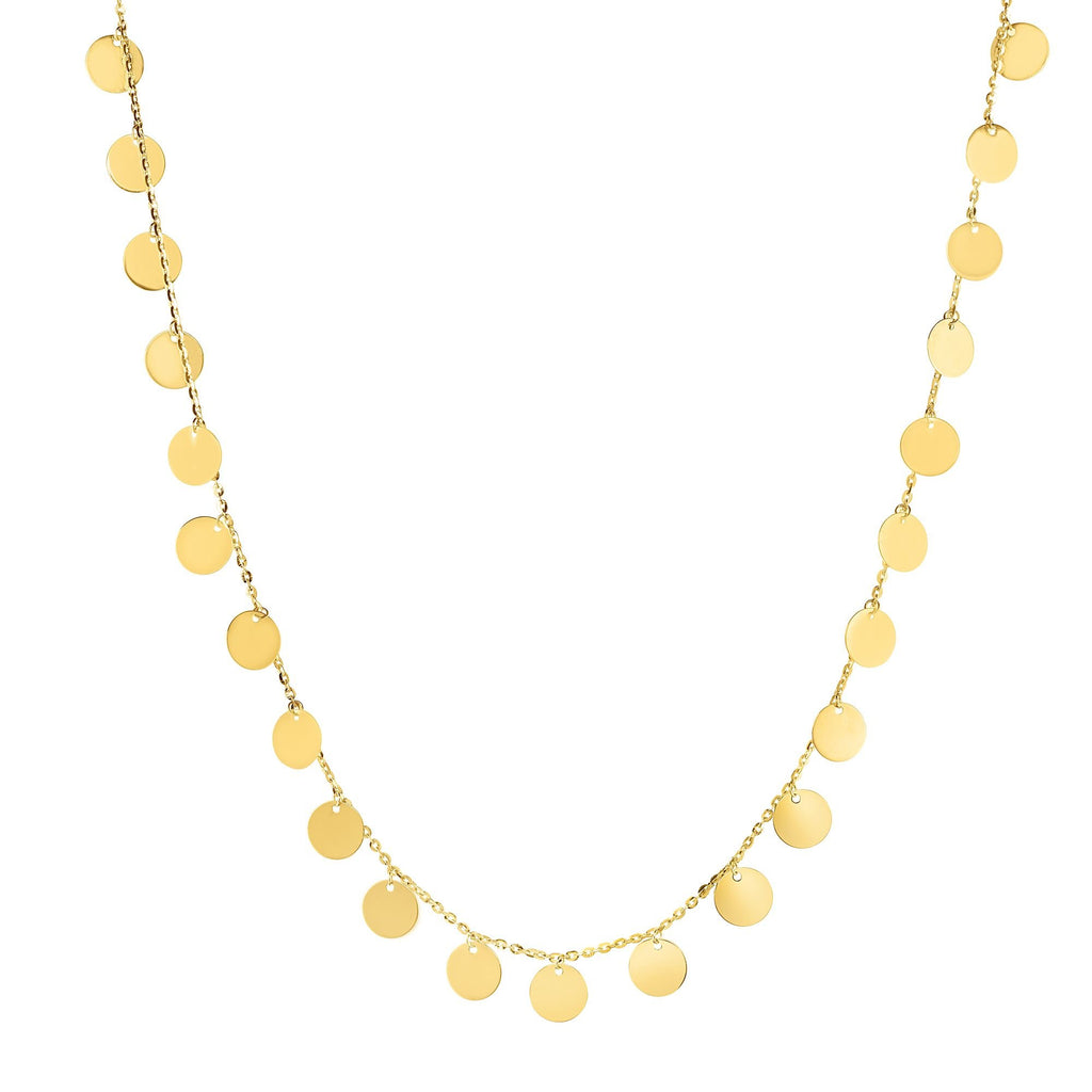 14k Shiny Yellow Gold Flat Round Discs Choker Necklace, Lobster Clasp - 14-16" - JewelStop1
