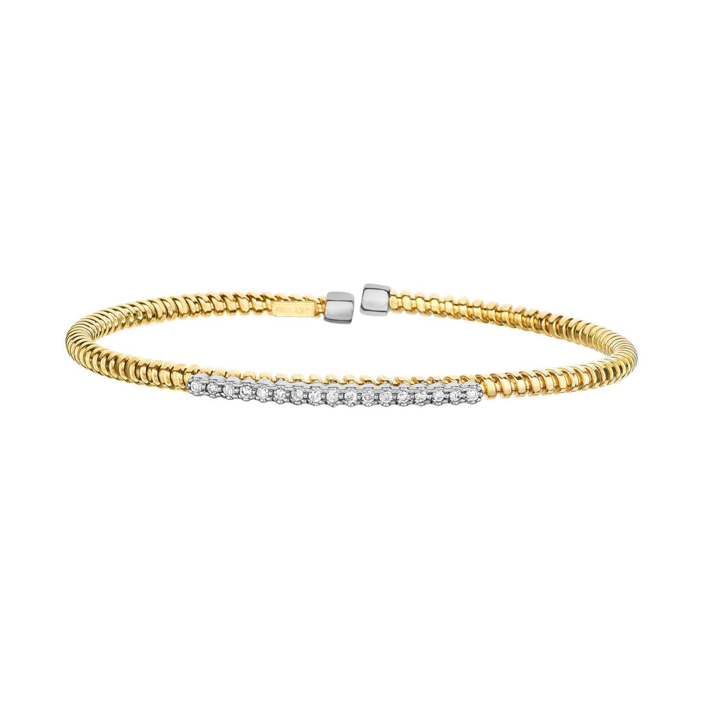 JewelStop 14K Two-Tone Gold .17ct Diamond Bar 3mm Cuff Bracelet with Diamond Cut Textured Finish - 6.20gr