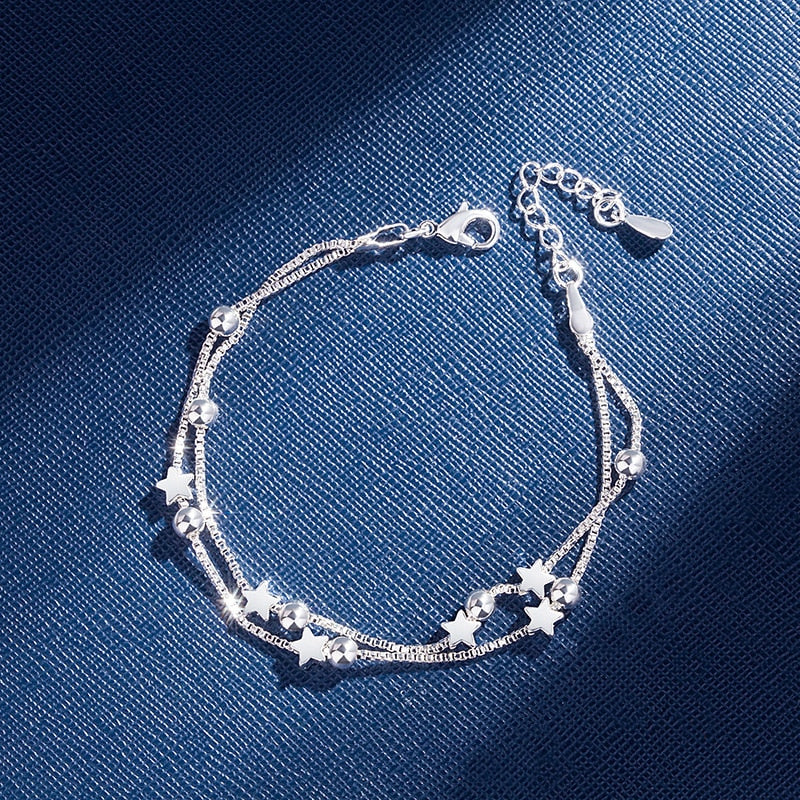 925 Sterling Silver Double Layers Stars Beads Bracelet - JewelStop1
