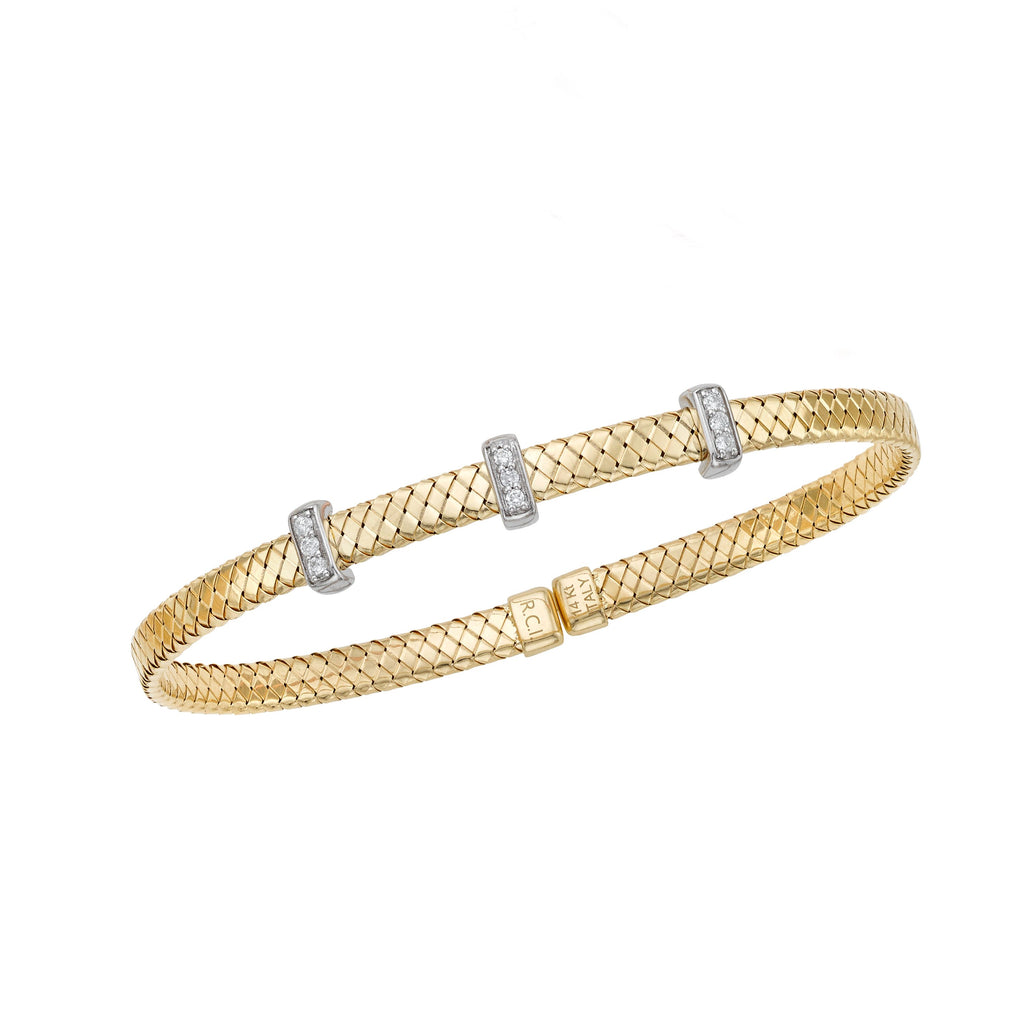 JewelStop 14K Yellow & White Gold Basketweave Diamond .13ct Bangle with Polished Finish - 8.50gr