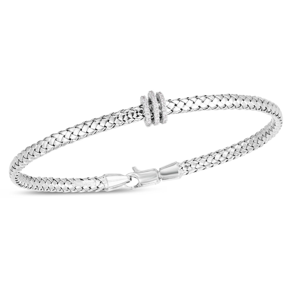 JewelStop 14K White Gold 7" Woven .32ct Diamond Bracelet with Polished Finish and Lobster Clasp - 7.60gr