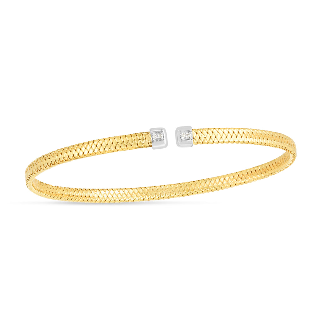 JewelStop 14K Yellow Gold .02ct Trilogy Diamond Woven Cuff Bangle Bracelet with Polished Finish - 6.90gr